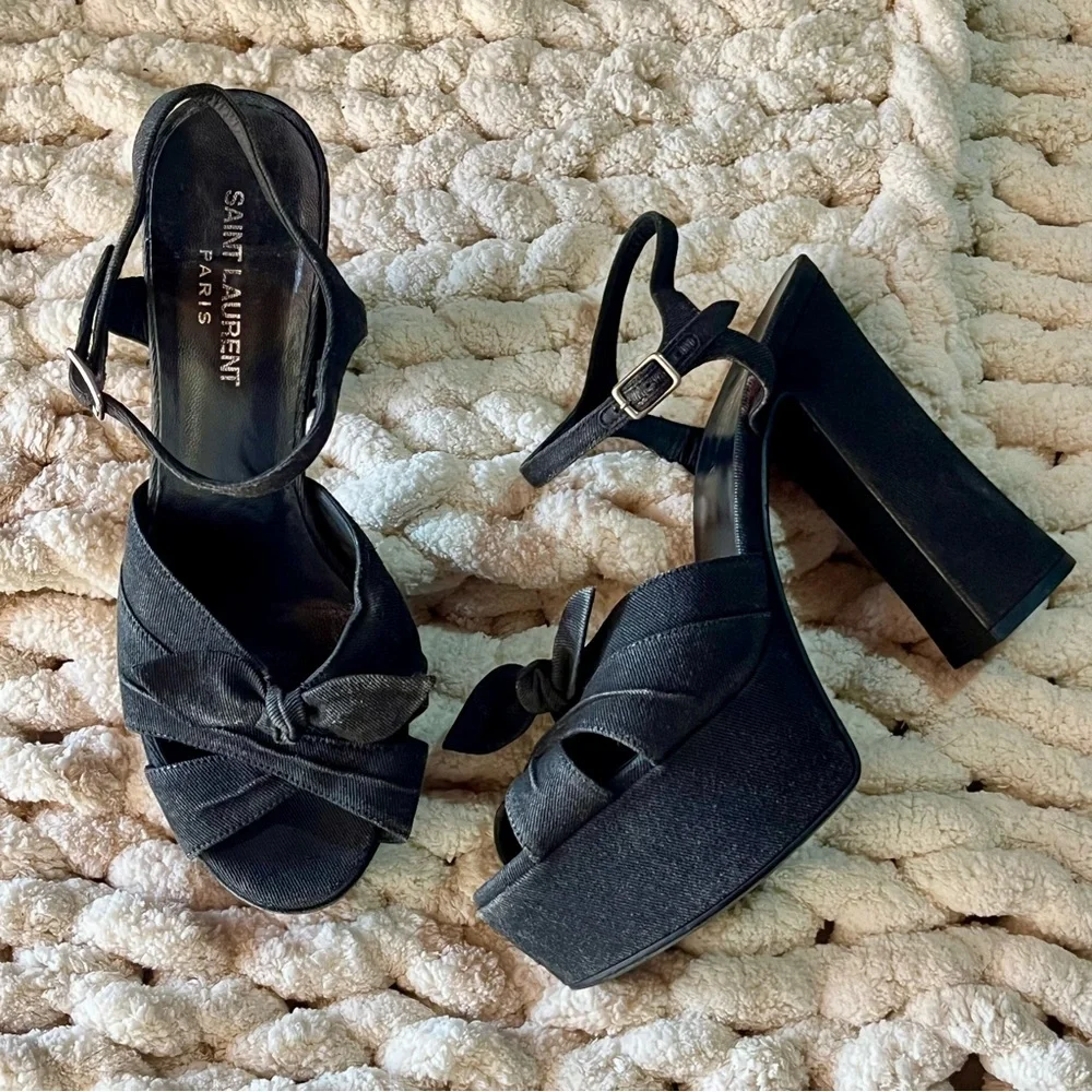 Saint Laurent Candy 80 Bow Black Denim Platform Sandals